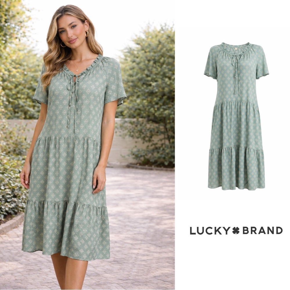 NEW LUCKY BRAND Split Neck Tiered Dress In Jade Medallion